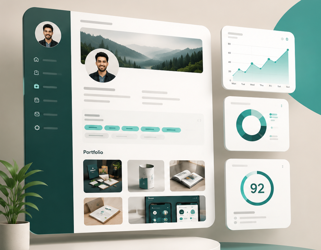 Professional designer studio with dual monitors displaying creative work