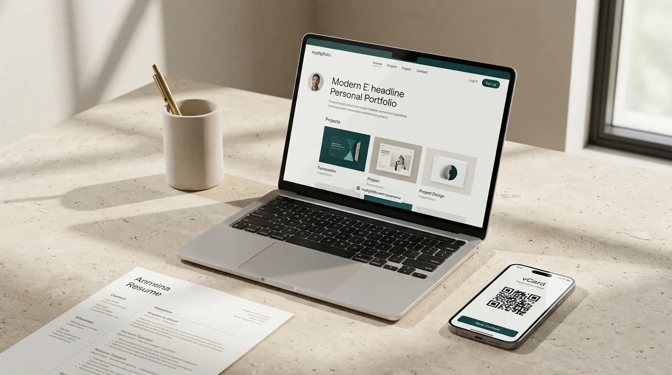 An editorial workspace layout featuring an ultra-thin tablet displaying a live personal portfolio next to a crisp printed ATS resume and smartphone contact card.