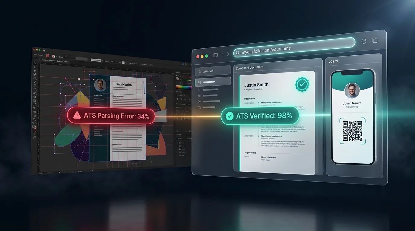 A comparison showing an unreadable graphic canvas resume next to a structured, ATS-verified digital career profile.