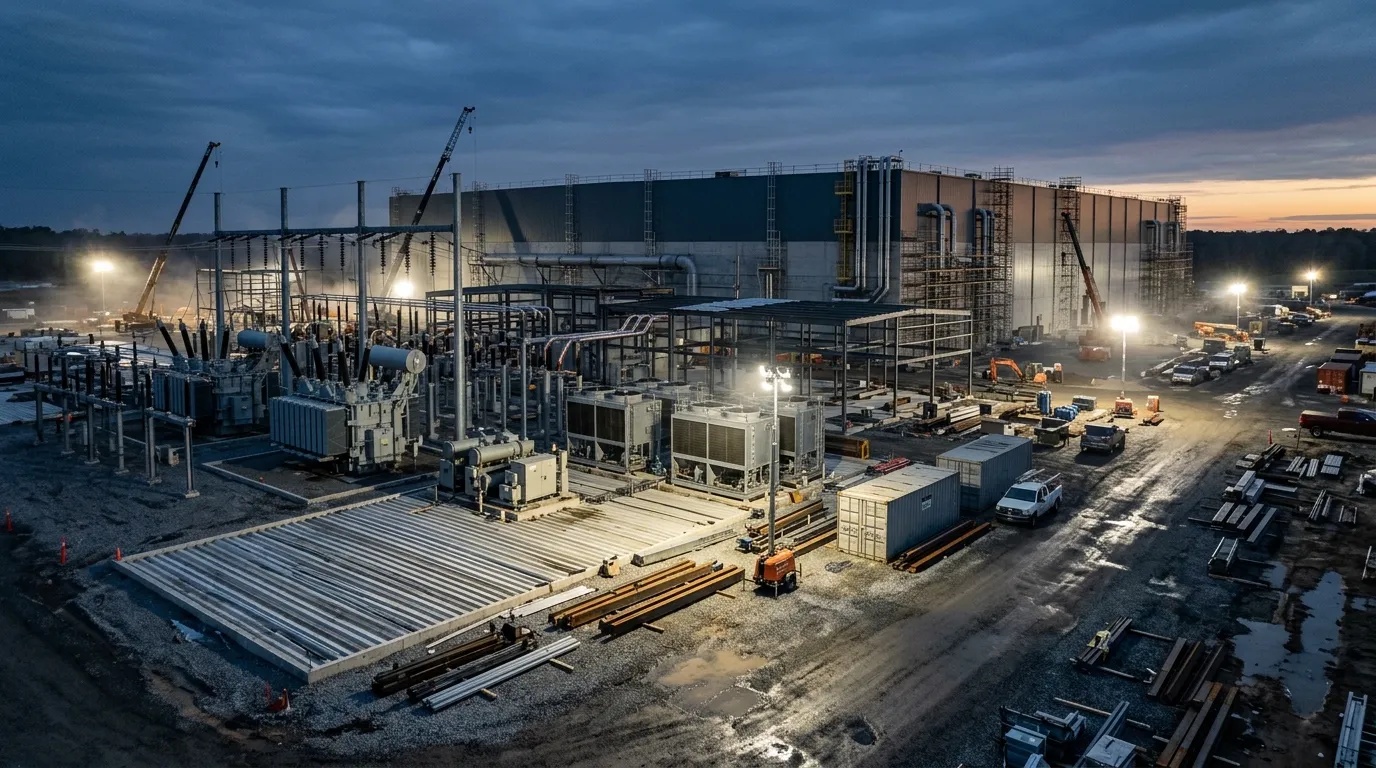 Industrial transformers, high-voltage cabling, and server rack cooling systems inside an expanding enterprise data center facility.