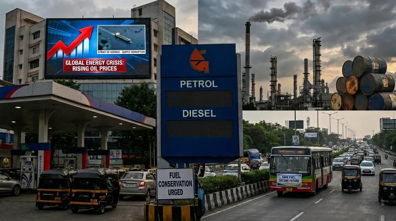 Ultra-realistic cinematic energy crisis news image showing fuel stations, rising oil prices, oil tankers near the Strait of Hormuz, refinery infrastructure, Indian city traffic, crude oil barrels, and global energy market disruption visuals.