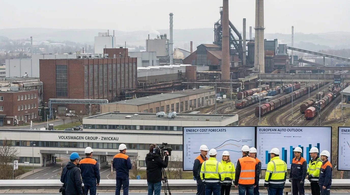 European industrial workers and manufacturing facilities facing rising energy costs, with economic charts highlighting employment risks across key sectors.
