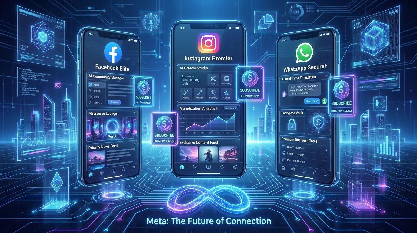 Smartphone displaying Instagram, Facebook and WhatsApp subscription features alongside futuristic AI interface elements representing Meta’s new premium services ecosystem.