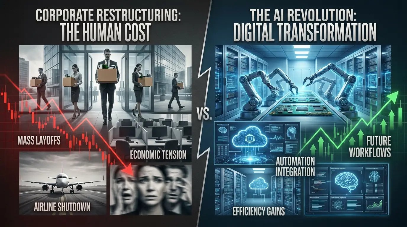 Corporate employees leaving office buildings while AI automation graphics, robotic systems, financial charts, and layoff headlines appear across digital screens symbolizing workforce disruption and AI-driven restructuring.