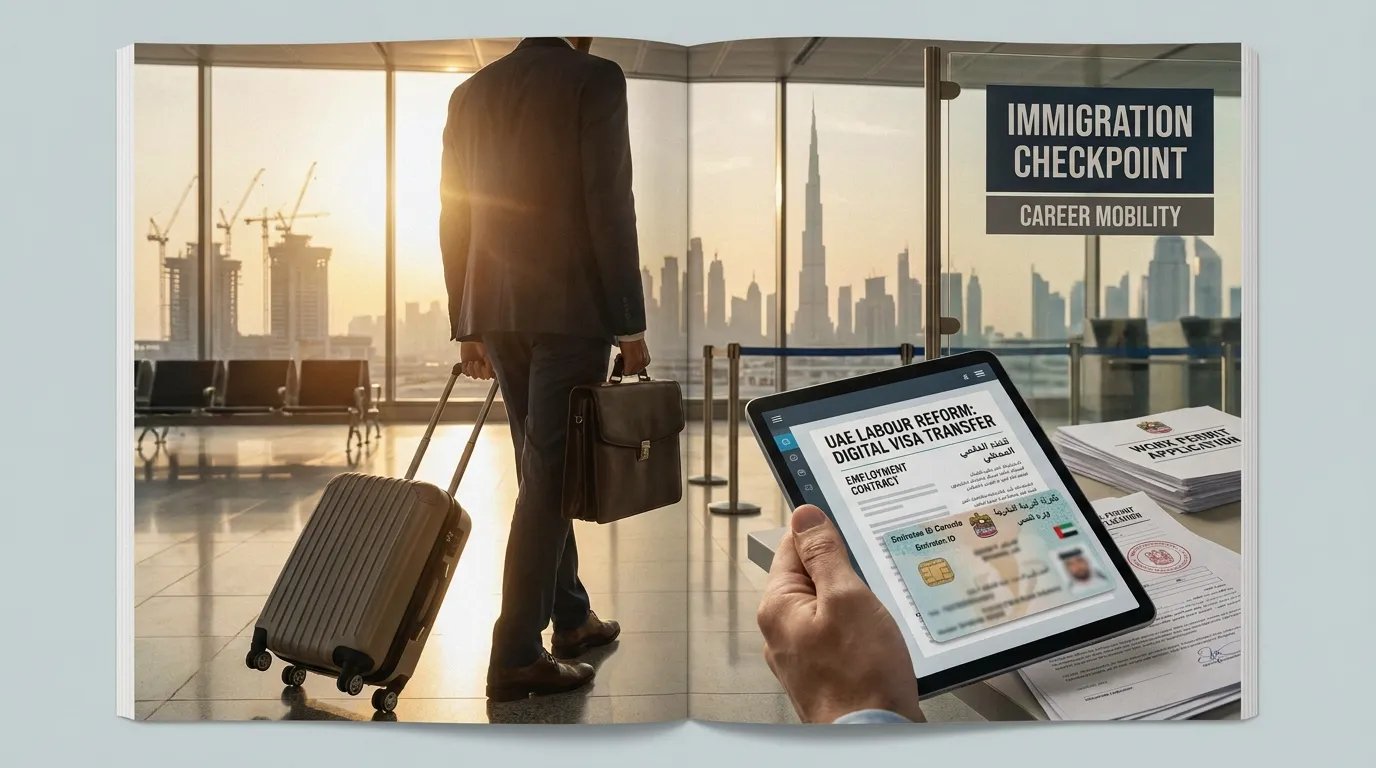 Ultra-realistic editorial immigration and labour law photograph showing UAE skyline, employment visa documents, digital work permit systems, Emirates ID concepts, airport transit visuals, and modern workforce mobility themes. Premium news photography style with realistic lighting and legal-document