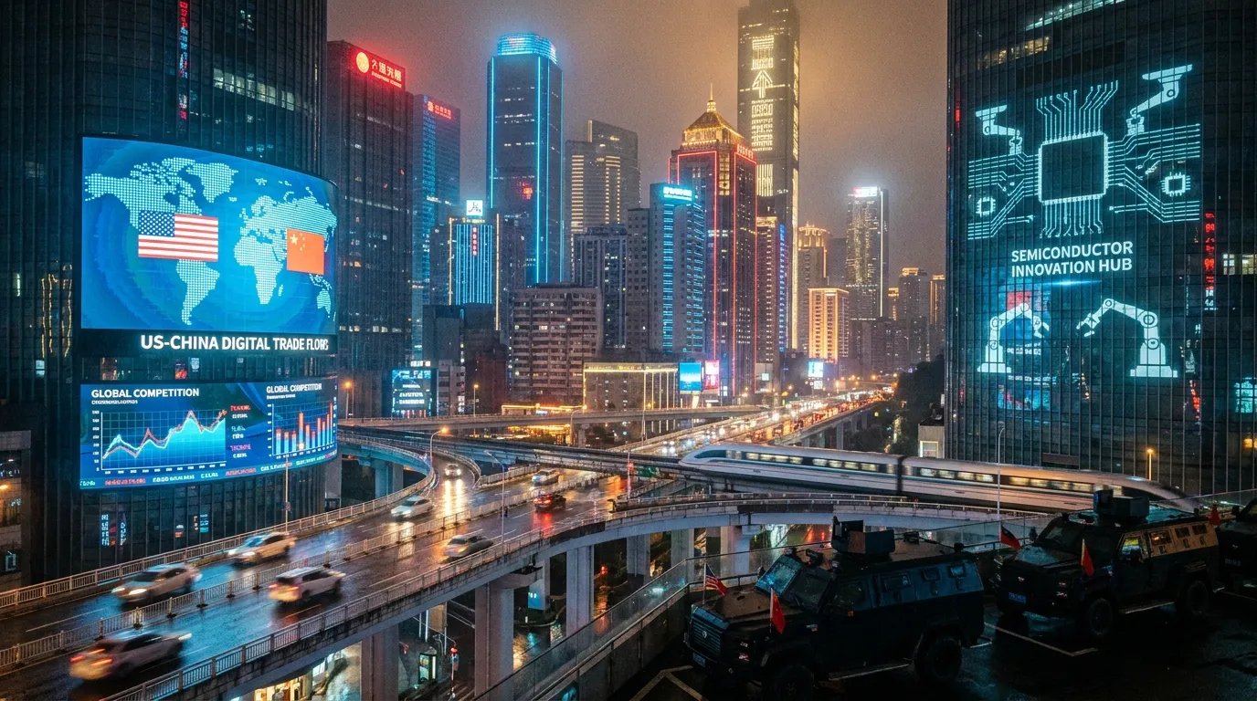 Ultra-realistic geopolitical editorial image showing Donald Trump and Xi Jinping against the futuristic skyline of Chongqing, with AI robots, electric vehicles, semiconductor visuals, neon city lights, trade maps, and global economic symbols representing rising US-China rivalry and technological com