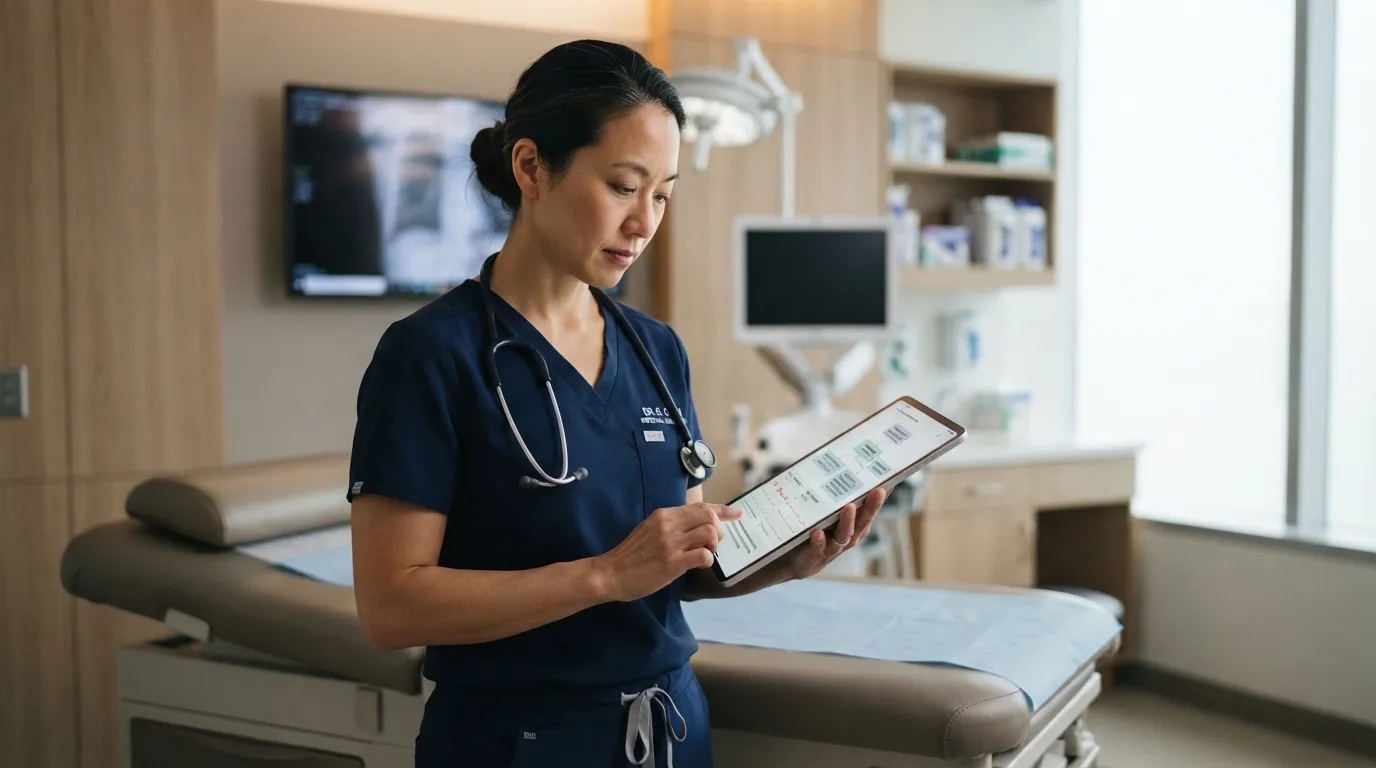 A doctor reviewing an AI-assisted diagnostic patient work-up on a tablet inside a hospital emergency ward.