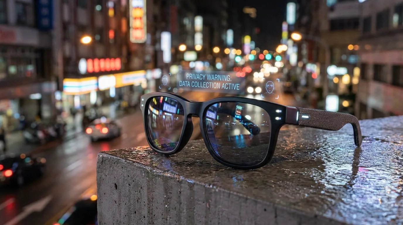 Ultra-realistic editorial photograph showing futuristic AI smart glasses on a reflective urban surface at night, with subtle digital interface overlays, blurred city lights, privacy warning symbols, surveillance camera reflections, and modern wearable technology atmosphere. Realistic cinematic photo
