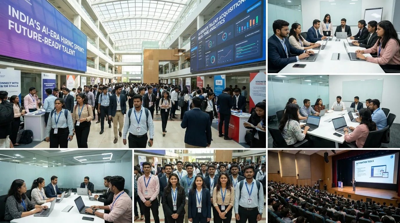 Young software engineers and fresh graduates working in a modern Indian IT office with AI dashboards, coding screens, automation systems, and collaborative technology workspaces representing AI-driven workforce transformation.