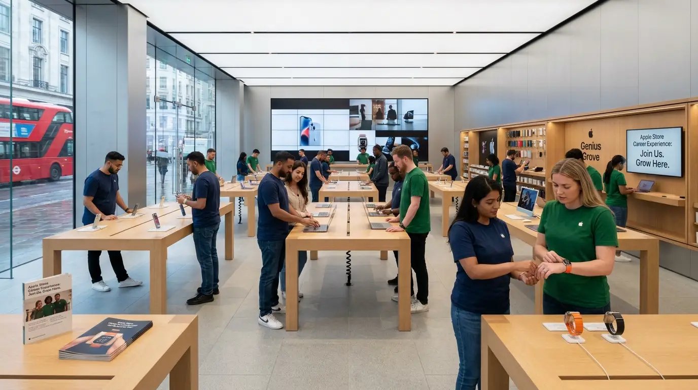 Apple retail employees assisting customers inside a modern Apple Store surrounded by iPhones, MacBooks, digital displays, and bright minimalist technology-focused interiors.
