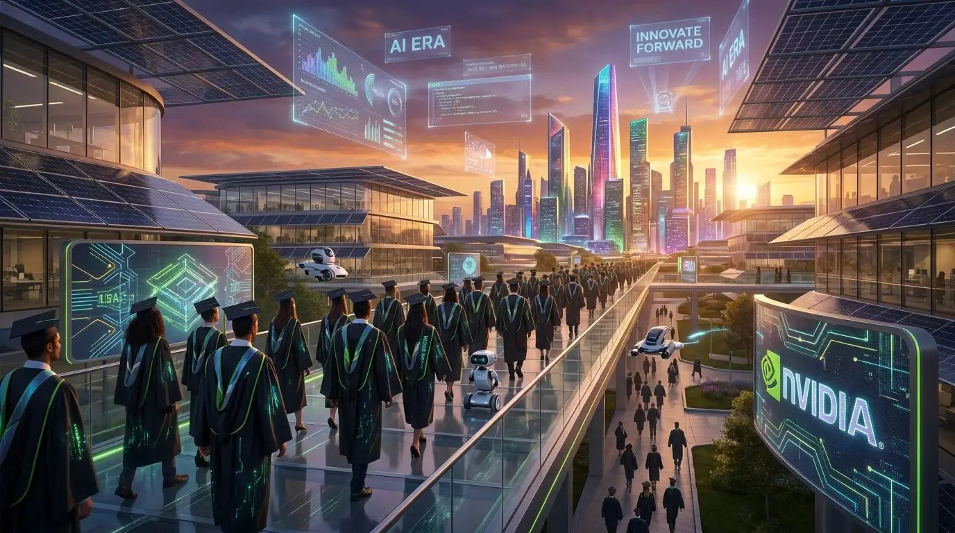 Nvidia CEO Jensen Huang speaking at a university graduation ceremony with students in caps and gowns while futuristic AI graphics and digital technology visuals appear in the background.
