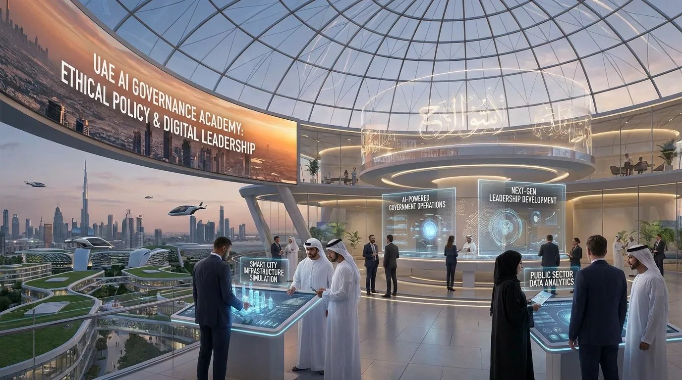 Ultra-realistic futuristic government innovation and AI governance education environment inspired by the UAE’s leadership in artificial intelligence and digital transformation.