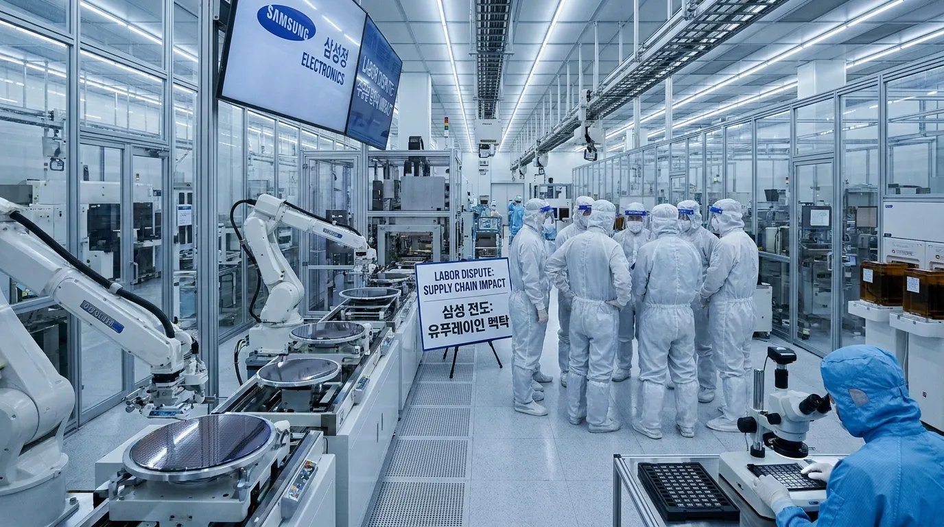 Ultra-realistic semiconductor manufacturing scene showing Samsung-style chip production facilities and large-scale industrial workforce disruption.