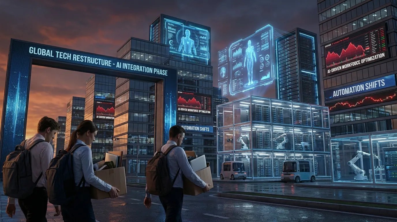 Technology employees leaving corporate offices amid large-scale AI-driven layoffs and restructuring.