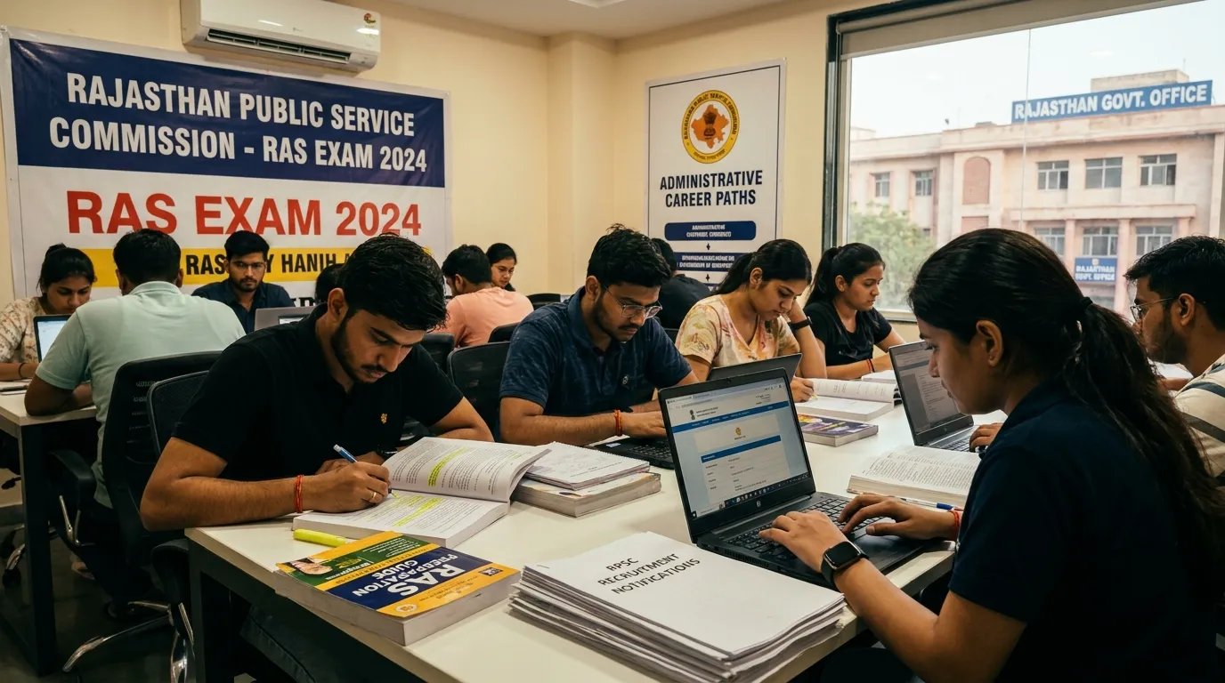 Students preparing for Rajasthan government civil service examinations with official RPSC recruitment notification displayed on screen.
