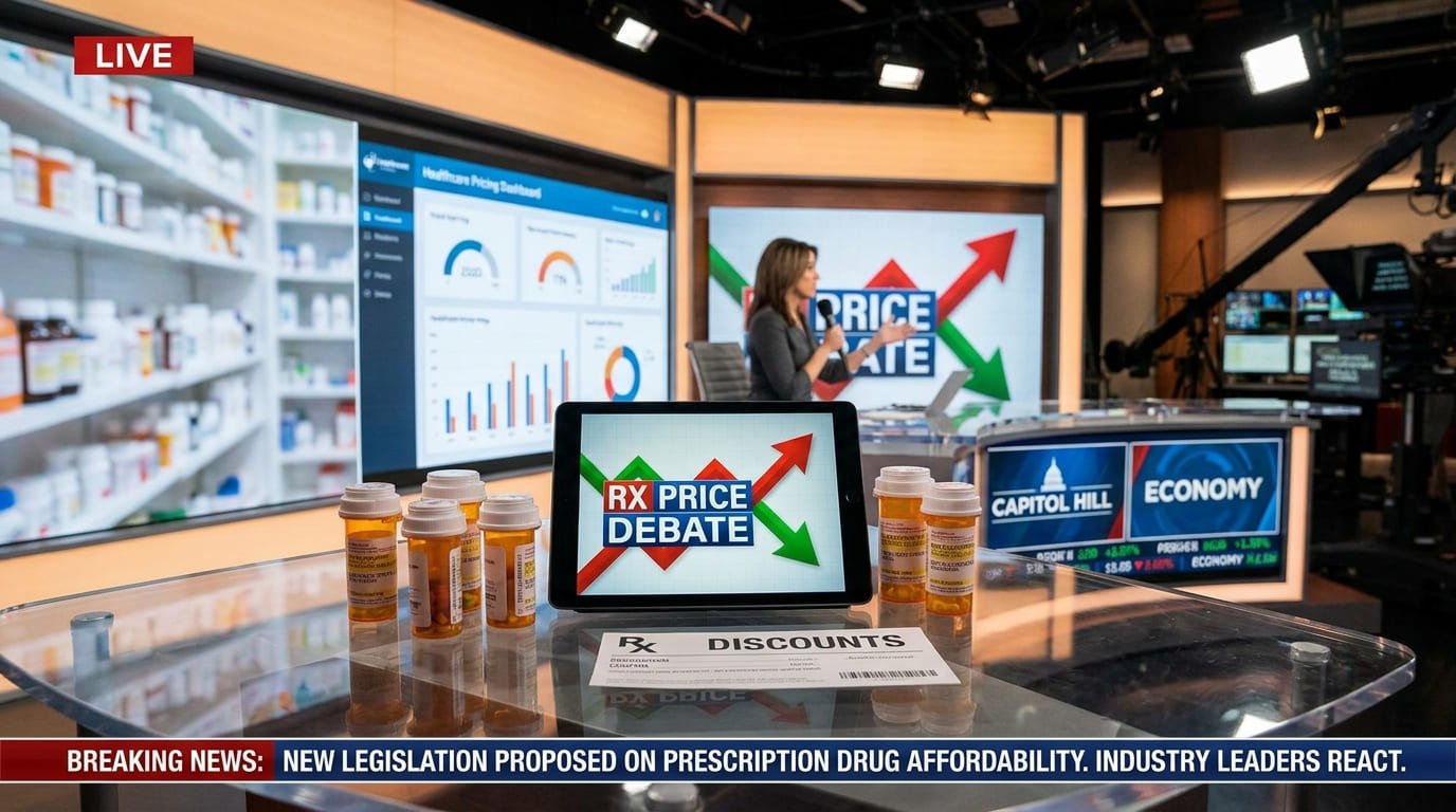 Prescription medicine bottles, pharmacy shelves, and healthcare pricing charts displayed alongside political and pharmaceutical industry visuals symbolizing ongoing debates over US drug affordability and pricing reforms.