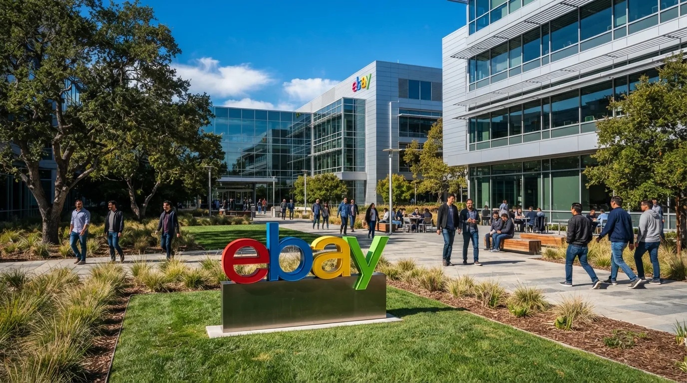 The eBay corporate office headquarters campus in San Jose, California, with the primary brand logo displayed at the front entrance.