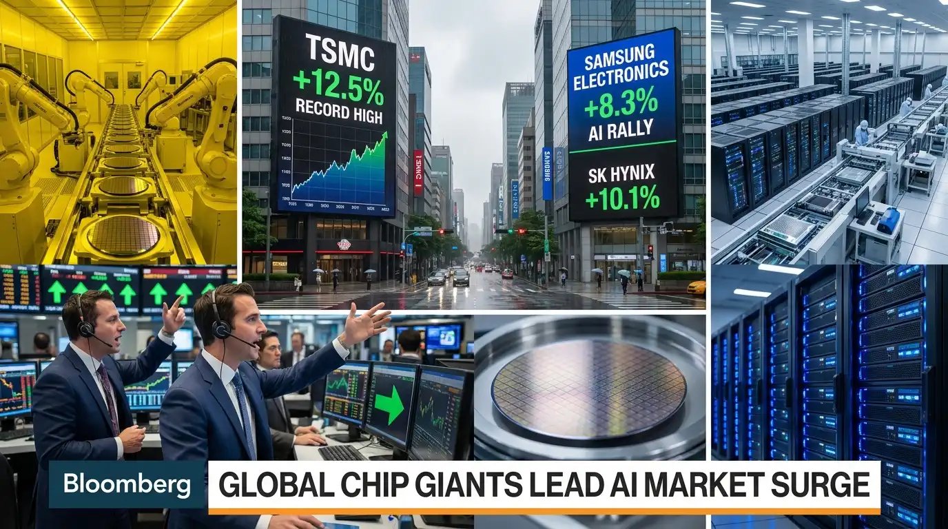 Modern semiconductor factories, AI data centers, and giant digital stock market screens displaying rising TSMC, Samsung, and SK Hynix valuations alongside traders monitoring Asian technology markets.