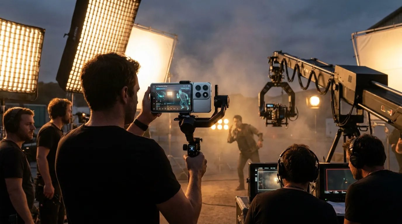 Ultra-realistic cinematic technology image showing futuristic AI smartphone filmmaking, robotic camera stabilization, advanced mobile cinematography, cinematic lighting, and professional mobile video production visuals.