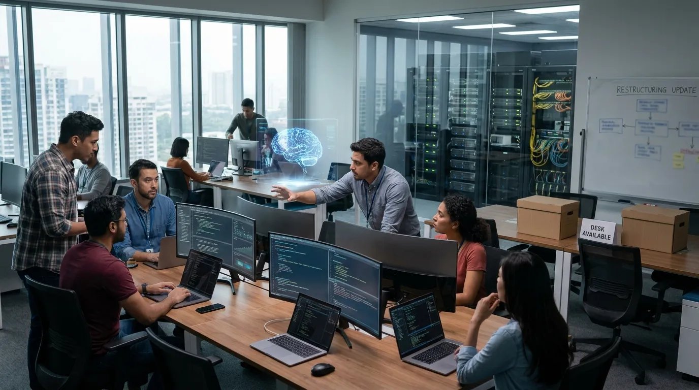 Modern Meta office with engineers working alongside AI systems, digital dashboards displaying artificial intelligence analytics, employees in collaborative workspaces, and futuristic data center infrastructure representing AI-driven corporate restructuring.