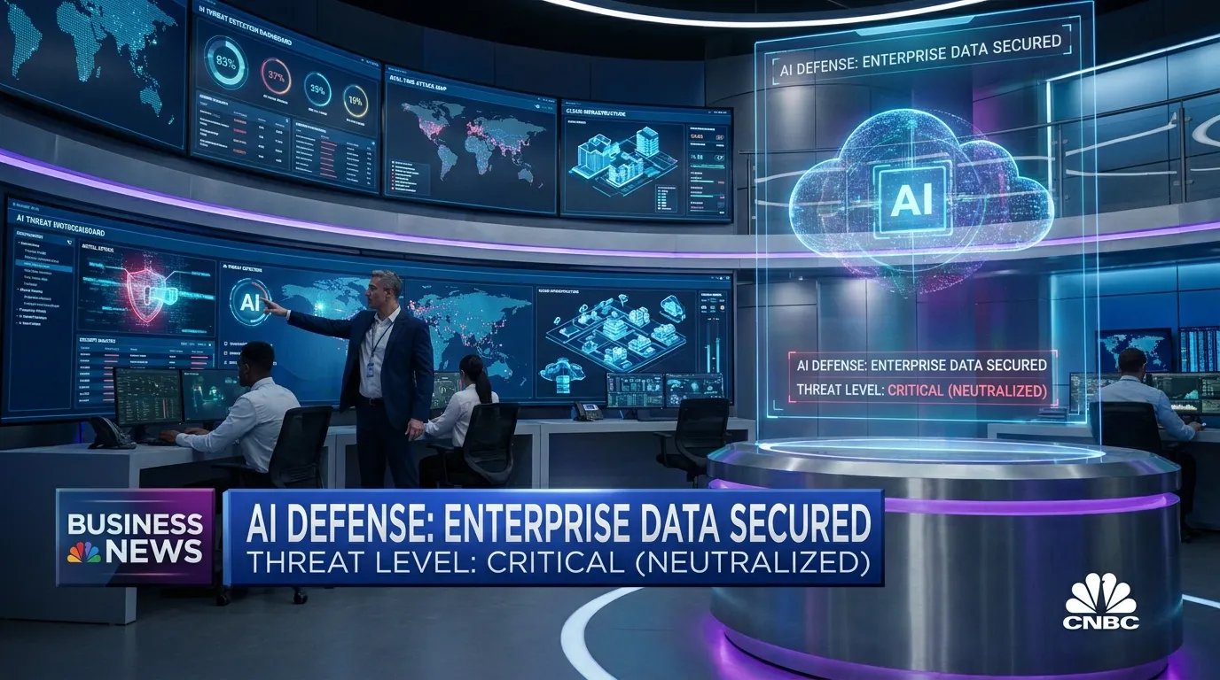 Cybersecurity professionals monitoring AI-powered security dashboards in a modern operations center while digital threat detection systems analyze network activity and cloud infrastructure.
