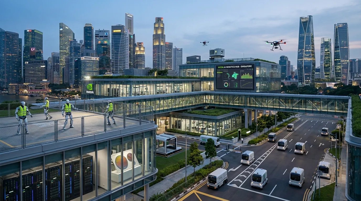 Ultra-realistic AI robotics research hub in Singapore featuring autonomous robots, smart-city technology, advanced AI infrastructure, and futuristic urban innovation powered by Nvidia.
