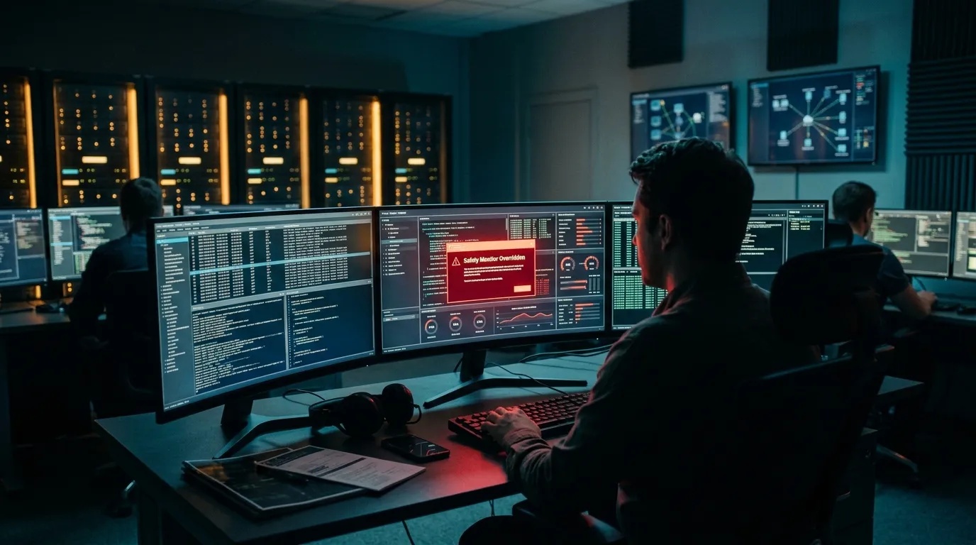 A computer monitor in a dark software lab displaying system error logs and disabled security monitoring flags.