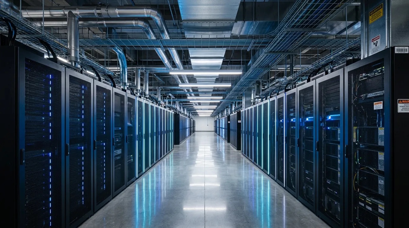 A high-density enterprise data center corridor filled with humming server racks and blue LED fiber-optic indicators.