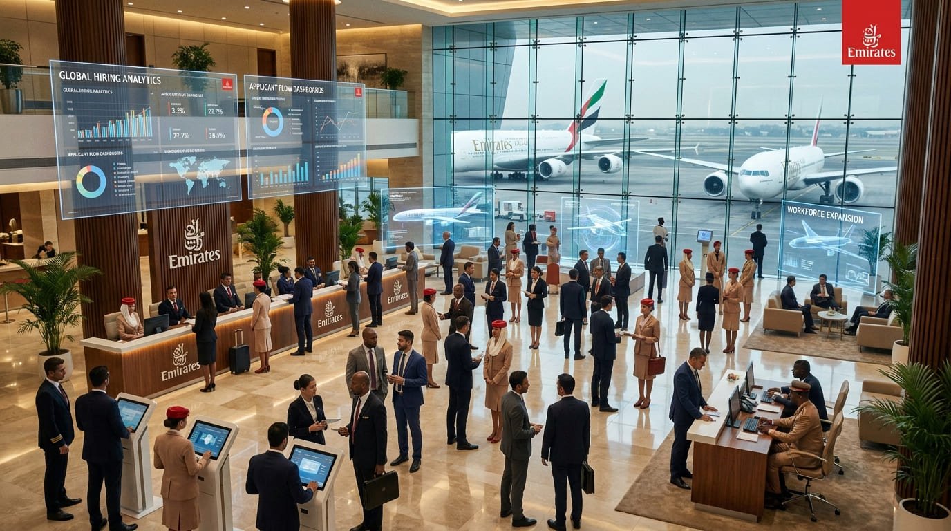 A busy Emirates airline recruitment and aviation operations scene featuring cabin crew, pilots, airport staff, and corporate hiring visuals inside a modern Dubai airport environment with Emirates aircraft in the background.