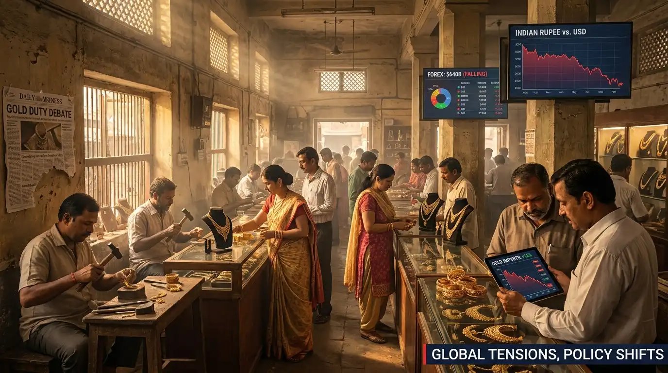 Indian jewellery workers crafting gold ornaments inside a busy jewellery market while economic charts, gold bars, and currency reserve graphics symbolize the national debate over gold imports and economic pressure.