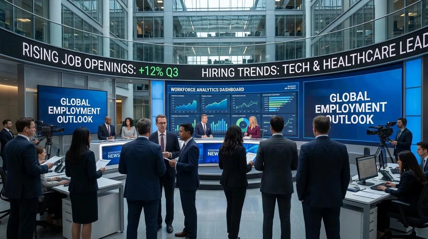 Business professionals reviewing labor market data on digital dashboards, highlighting U.S. job openings, hiring trends, and employment statistics in a modern office environment.