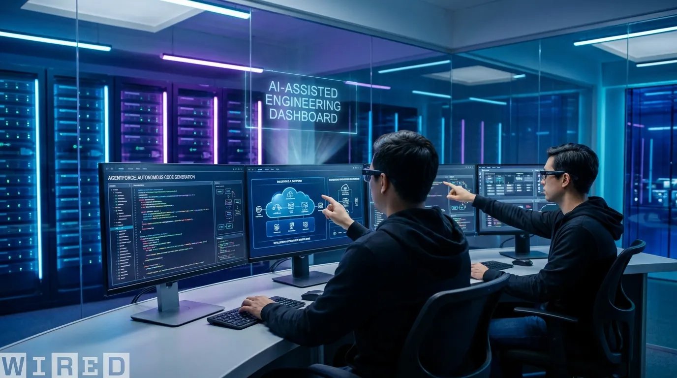 Ultra-realistic AI-powered software development scene showing Salesforce-style enterprise technology, intelligent coding systems, and advanced AI engineering workflows.
