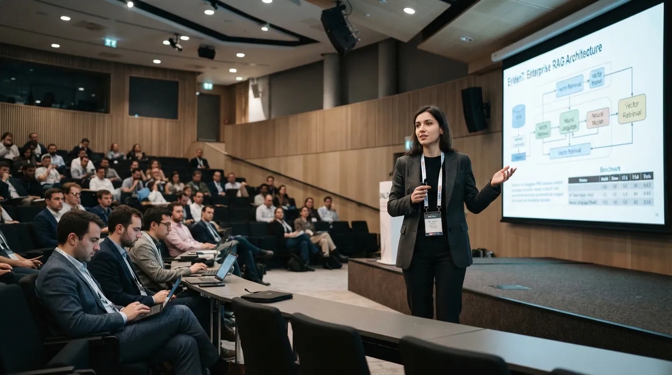Bloomberg AI researchers presenting machine learning architecture diagrams at an international natural language processing academic conference.