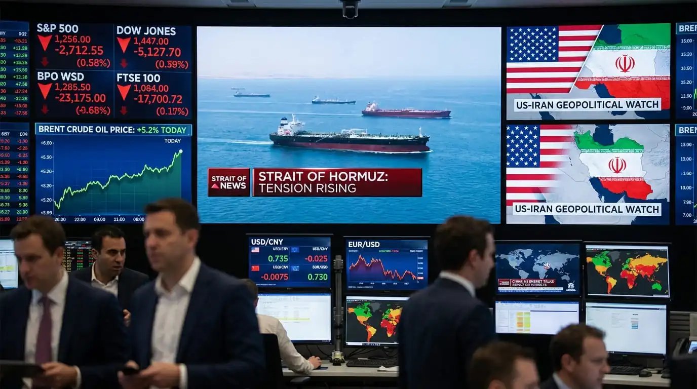 Global financial trading screens displaying rising oil prices and currency fluctuations alongside oil tankers moving through the Strait of Hormuz with geopolitical tension visuals in the background.