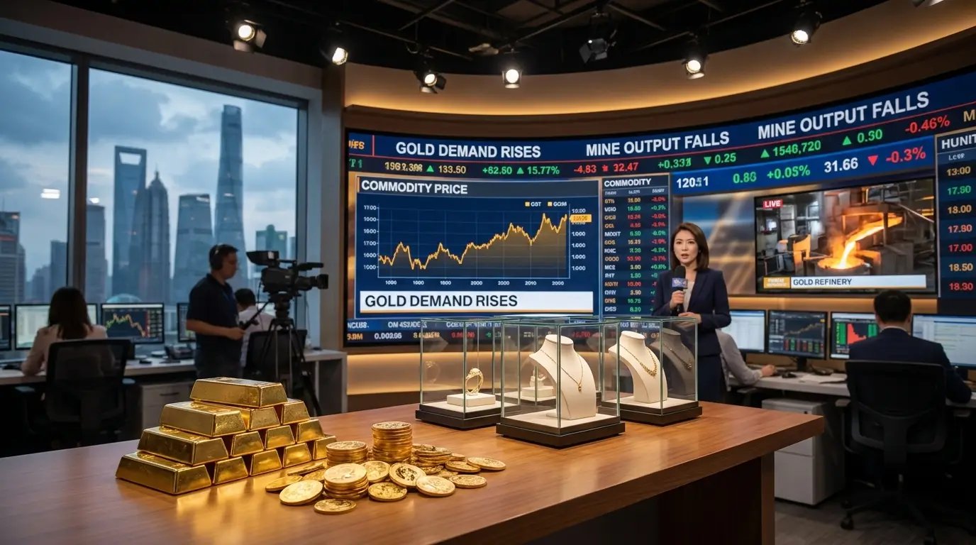 Gold bars, coins, and jewelry displayed alongside financial market charts and industrial refinery visuals representing rising investment demand and declining gold production in China.
