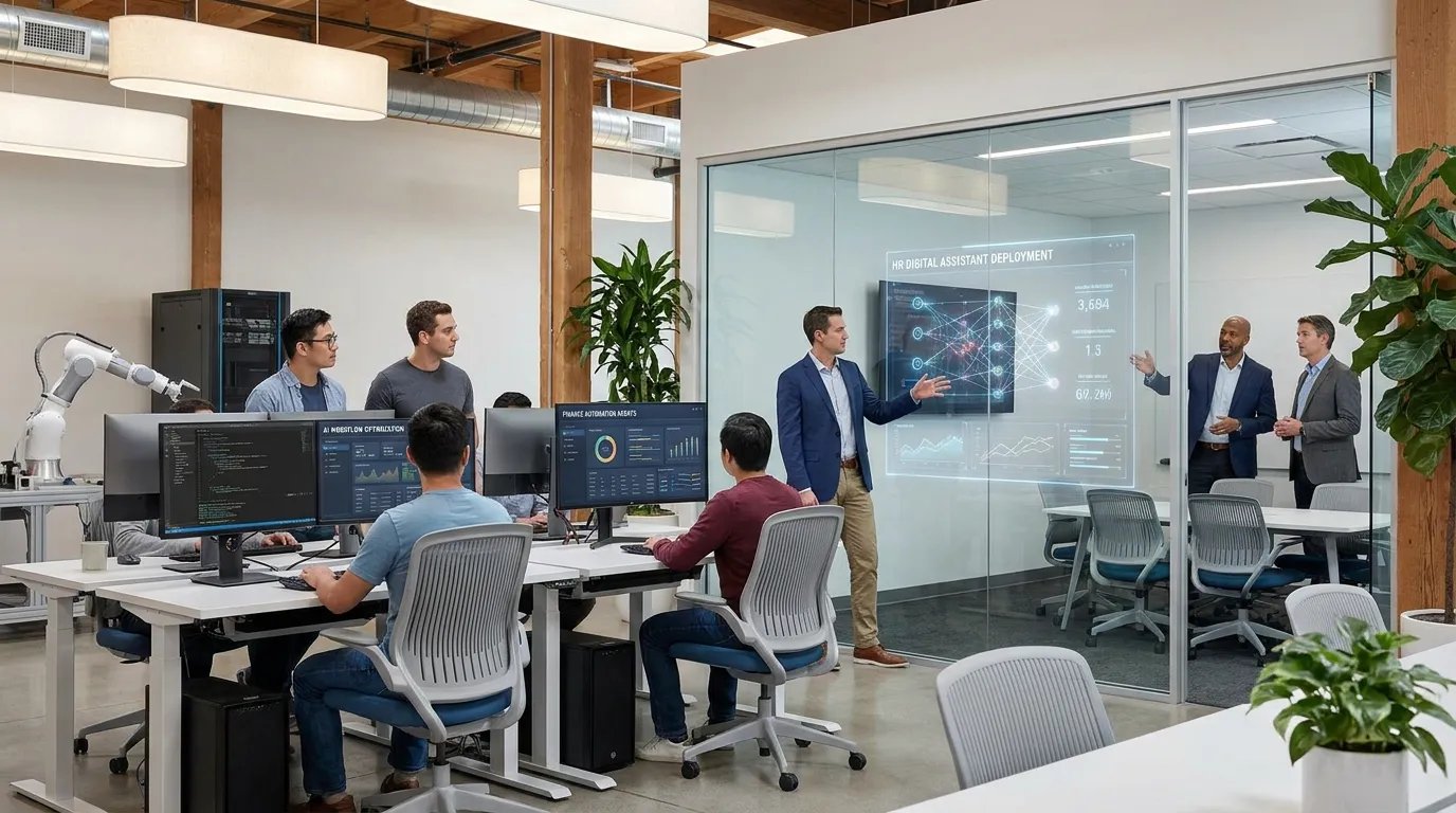 Modern corporate office with AI engineers collaborating on automation systems, futuristic dashboards displaying AI agents and workflow analytics, business teams working with advanced artificial intelligence tools in a high-tech environment.