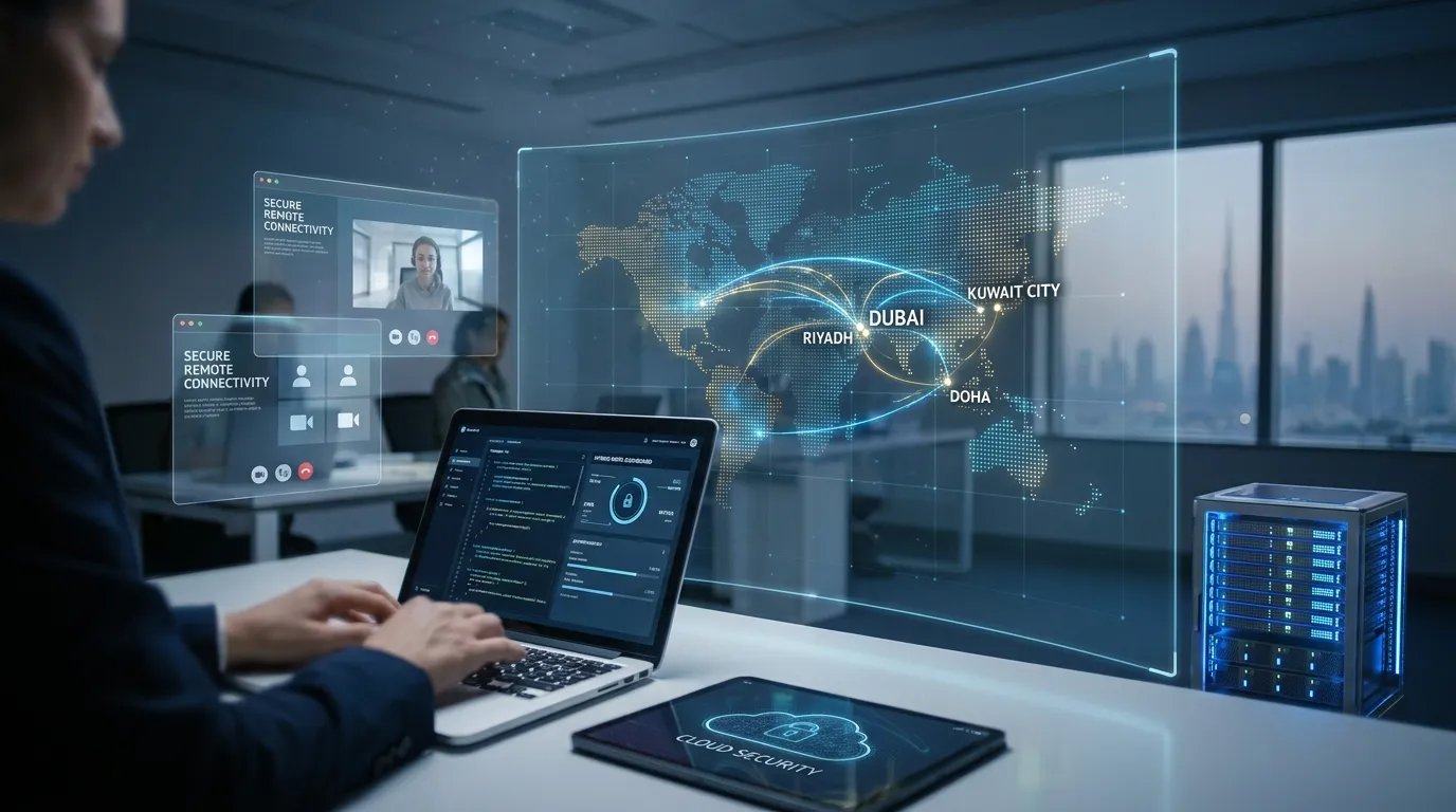 Modern UAE corporate employees working remotely from home and international locations, professionals attending virtual meetings on laptops, hybrid work environment with Dubai skyline in the background, realistic business productivity scene.