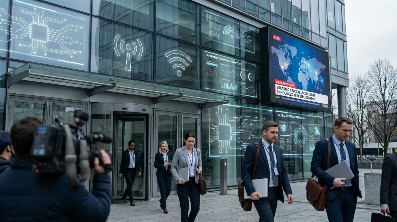 Corporate office employees walking through a modern Verizon headquarters building while digital AI and telecom network graphics appear in the background symbolizing layoffs and operational restructuring.