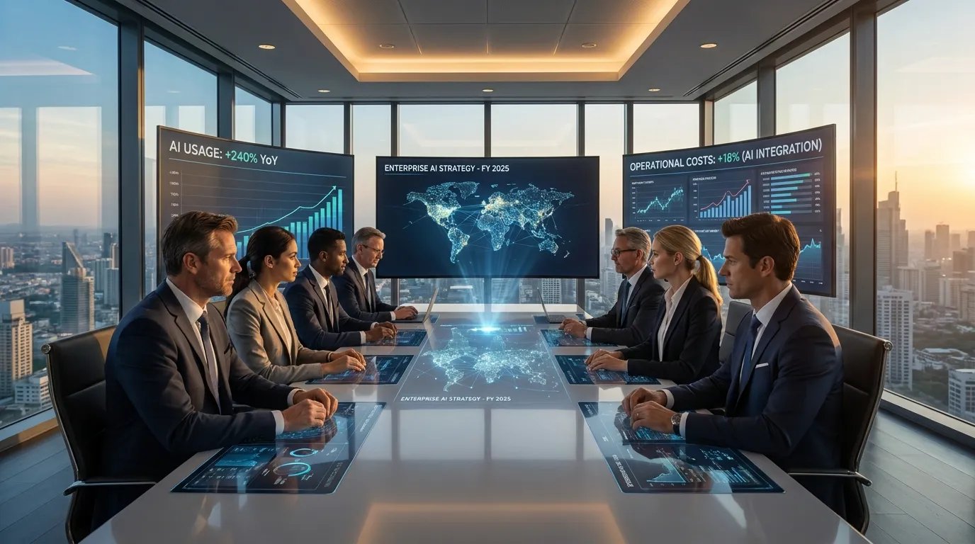 Business executives analyzing AI spending dashboards and enterprise technology costs while evaluating the impact of artificial intelligence on corporate operations.