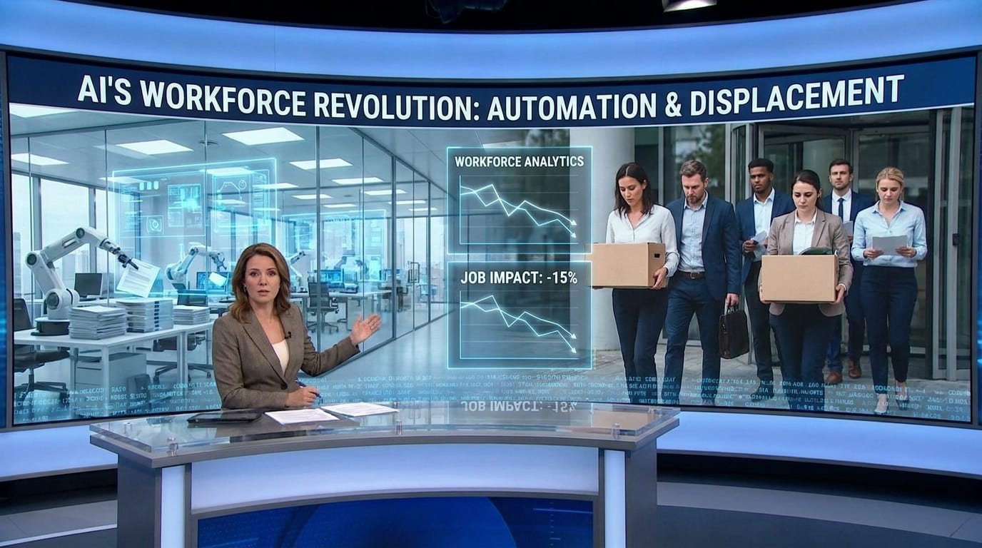 A futuristic corporate office scene featuring AI robots, holographic dashboards, and digital workforce analytics beside employees leaving office buildings, symbolizing artificial intelligence-driven layoffs and workplace transformation.