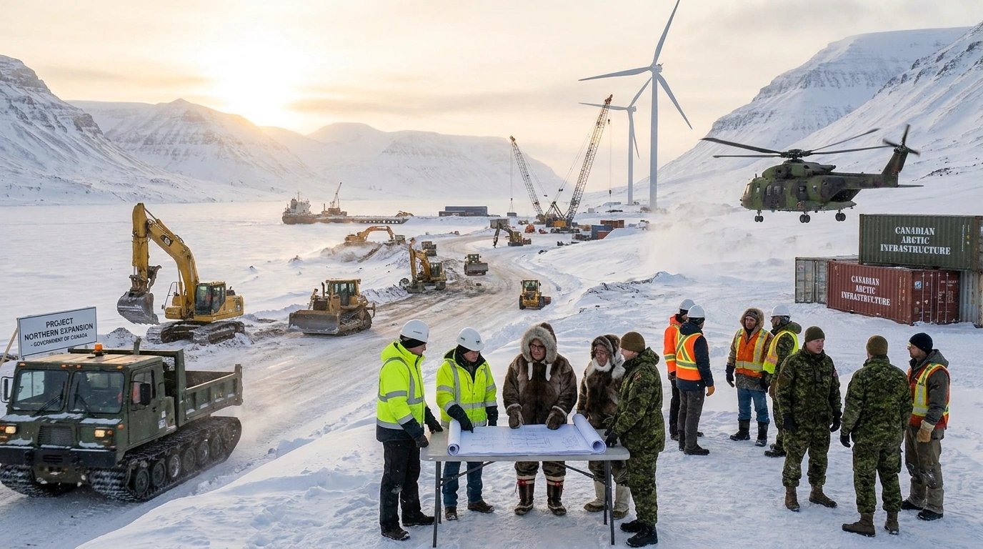 Construction workers, engineers, and Indigenous community representatives standing near Arctic infrastructure projects with heavy machinery, snowy landscapes, military facilities, and transportation corridors in northern Canada.
