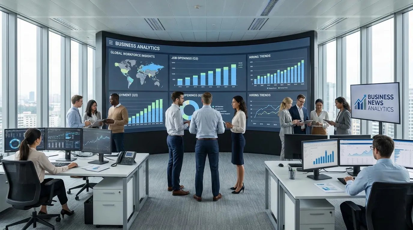 Business professionals reviewing US employment data and labor market trends on digital dashboards showing job openings, hiring activity, and workforce statistics.