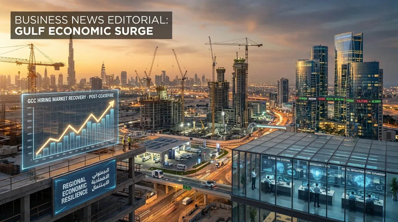 Ultra-realistic Middle East economic growth visual showing modern GCC skylines, construction megaprojects, financial districts, technology infrastructure, logistics hubs, AI-powered digital systems, cranes, smart city developments, and business expansion across the UAE and Gulf region.
