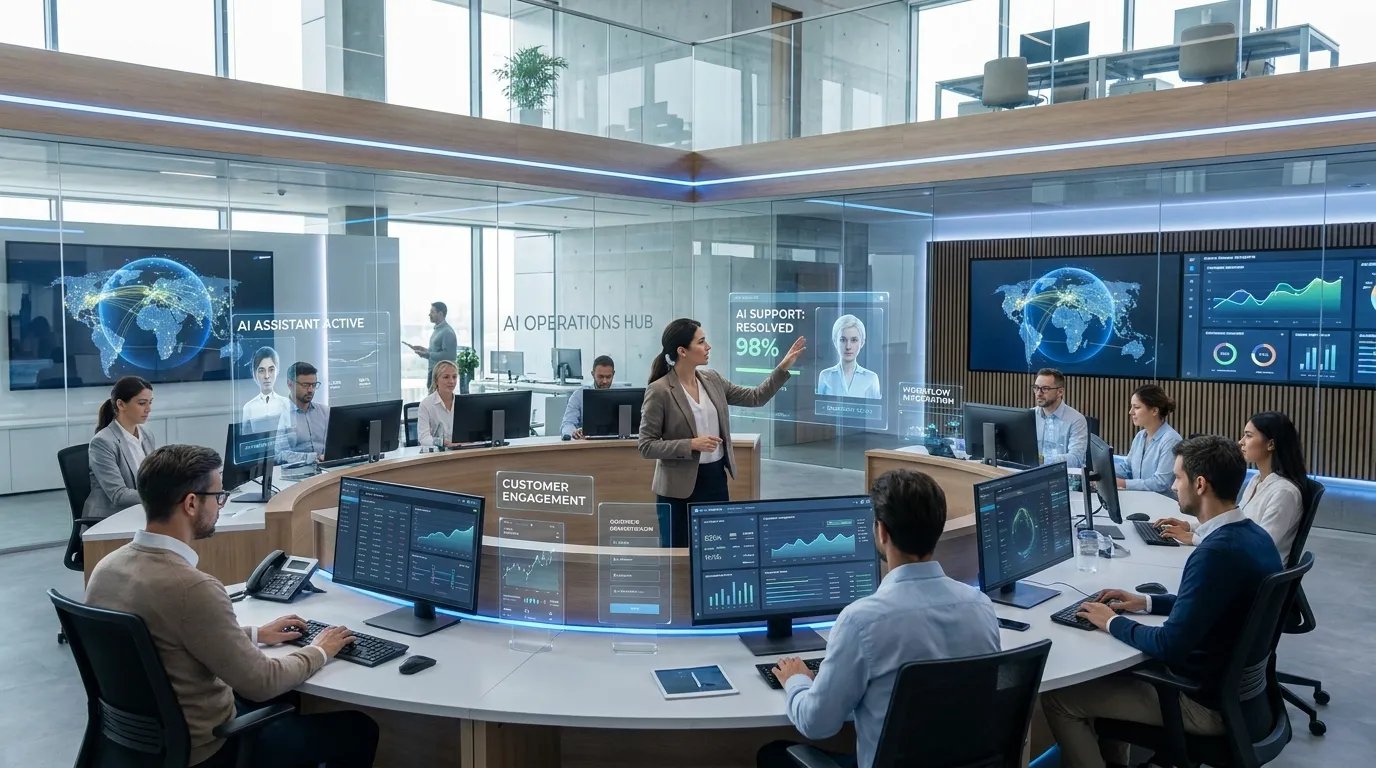 Business professionals using AI-powered customer service and automation tools across messaging platforms in a modern digital workplace.