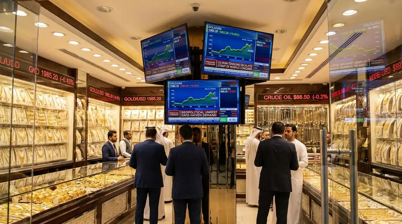 Gold jewellery and bullion displayed inside a Dubai gold market alongside digital commodity charts, oil price graphs, and geopolitical news screens reflecting Middle East tensions and market volatility.