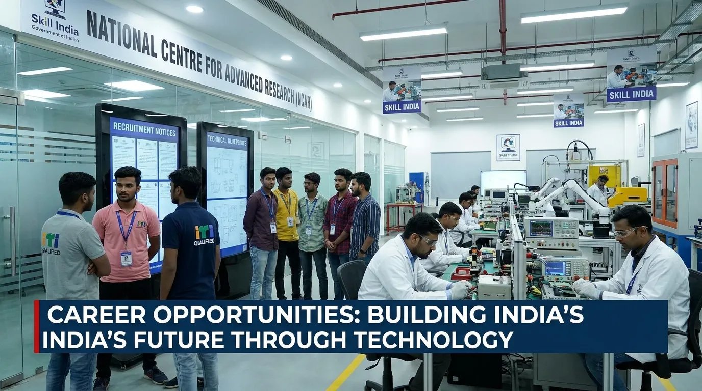 Students and ITI-qualified candidates reviewing government job notifications while preparing application documents for CSIR-NPL technician recruitment.