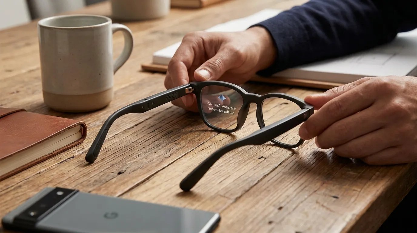 Ultra-realistic futuristic AI smart glasses with voice assistant technology, wearable AI features, and modern consumer design inspired by Google Gemini smart eyewear.