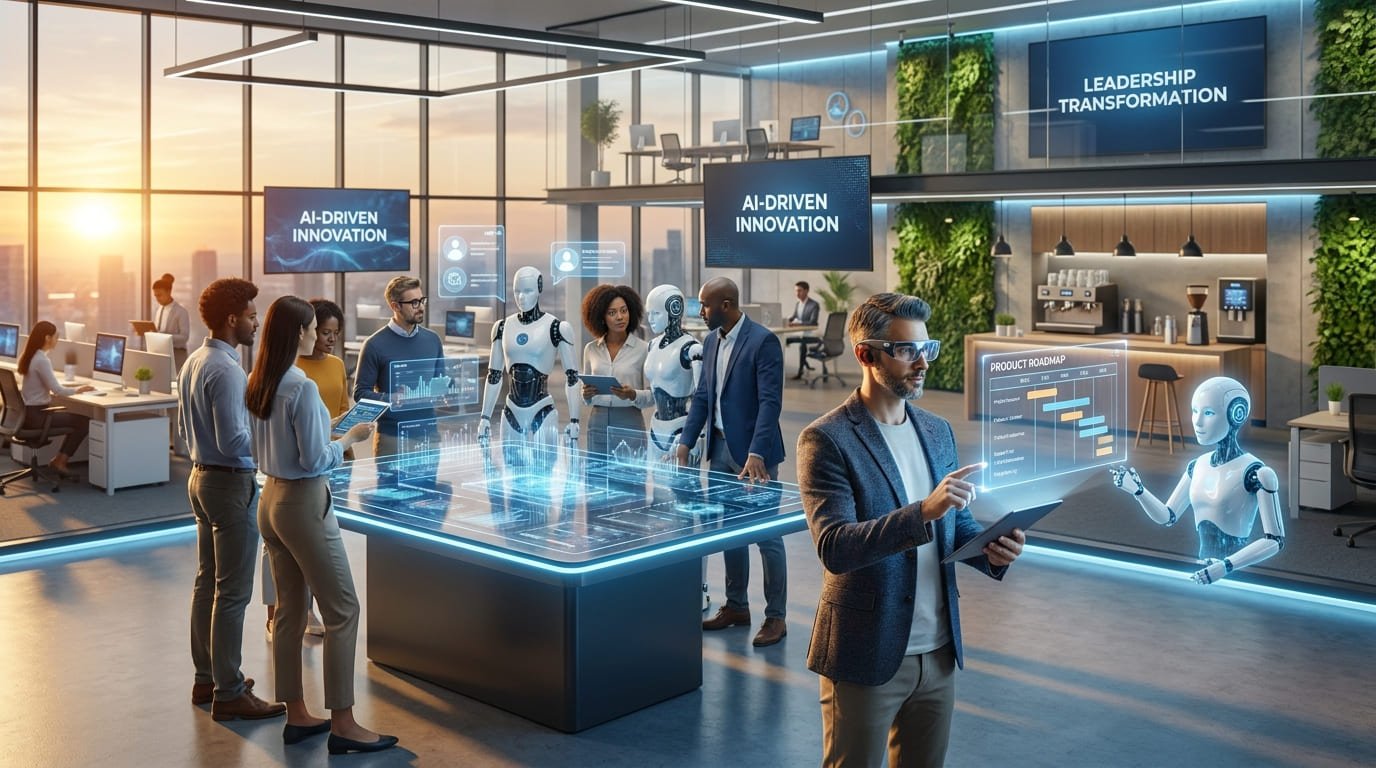 A futuristic corporate office where executives and employees collaborate with AI-powered digital assistants, holographic dashboards, and advanced automation systems representing the future of AI-driven workplace leadership.