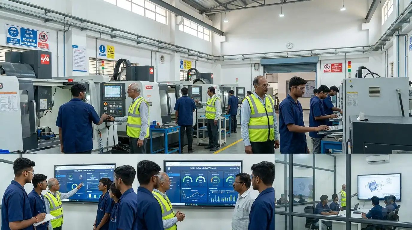 Indian apprentices and industrial trainees working alongside engineers and supervisors inside a modern manufacturing training facility with vocational learning equipment and workforce development programs.