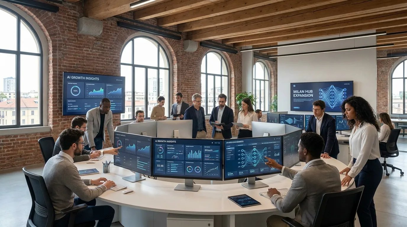 Modern office environment representing Anthropic’s European expansion, with professionals collaborating on AI projects and business growth initiatives.